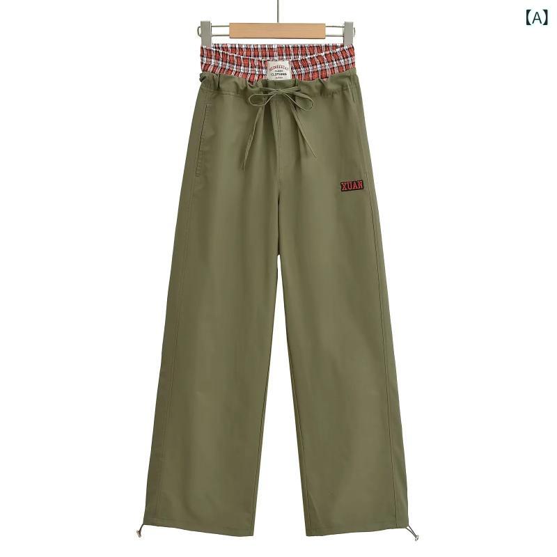 パンツ レディース 秋冬 秋 切り替え アメリカン レトロ チェック柄 偽ツーピース ミリタリー デザイン ダブルウエスト ゆったり シルエット カジュアル 普段使い デニム 軽量 伸縮性 通勤 通学 コーディネート ブラック グレー系 ベージュ