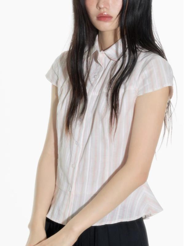 シャツ 女性用 かわいい 少女 百搭 ストライプ 襟付き ウエストイン 七分袖 半袖 トップス 軽量 通勤 普段使い 綿混 伸縮性 ビッグシルエット Vネック ブラック ピンク系 アイボリー 春夏 秋
