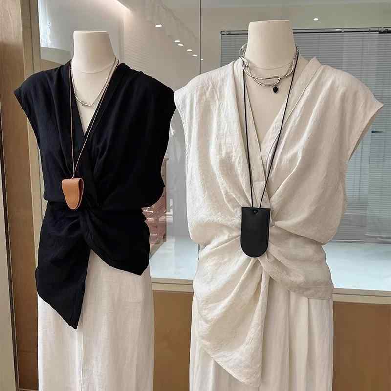 シャツ 女性用 夏 収腰 無袖 ベアトップ ひねり結び デザイン ベアシャツ コットン 麻 素材 軽量 通気性 好評 ブラウス トップス 肩出し スタイル シンプル 爽やか