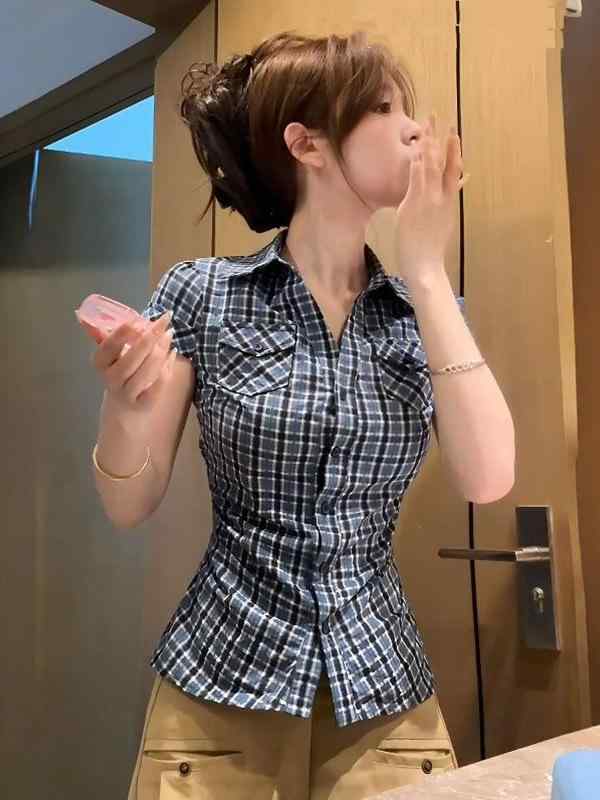 ブラウス 女性用 夏 春夏 ブルー チェック柄 短袖 復古 プリーツ ウエスト切り替え ボディコン フィット トップス かわいい 軽量 綿 吸湿速乾 通勤 普段使い