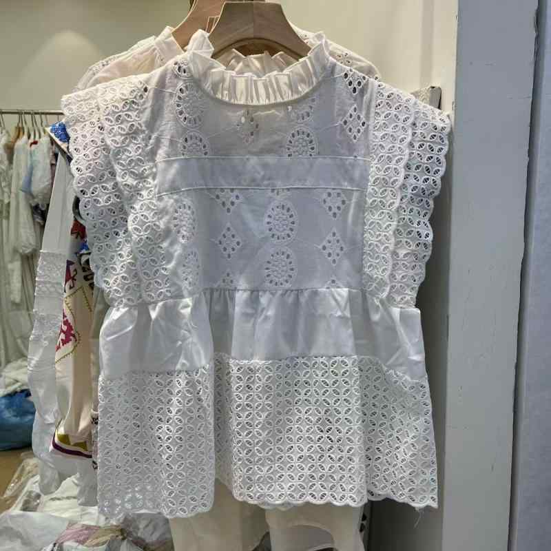 シャツ レディース 夏用 白色 レース 七分袖 収腰 ウエストシェイプ ボディカバー ビッグシルエット かわいい トップス ブラウス 軽量 通気性 コットン混 フレンチスタイル