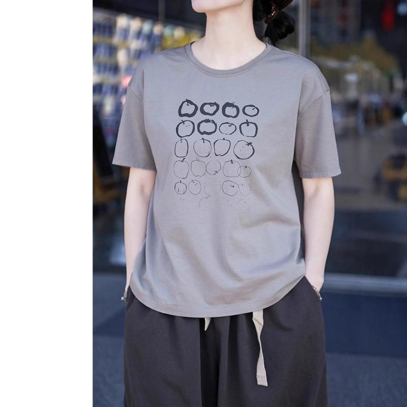 Tシャツ レディース 短袖 トップス 夏 春夏 グレー かわいい アップル柄 プリント ニット 綿素材 親肌 吸湿速乾 清涼感 軽量 接触冷感 日常使い カジュアル 伸縮性 ビッグシルエット Vネック 通勤 部屋着