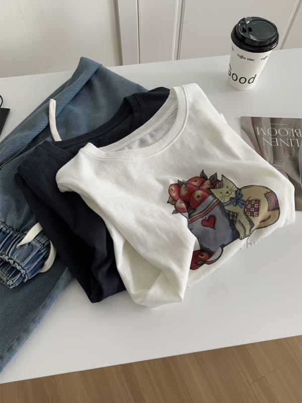 Tシャツ レディース 春夏 薄手 韓国スタイル かわいい 猫柄 フルーツ柄 プリント 雪花綿 綿素材 ゆったり ルーズフィット ラウンドネック 半袖 トップス 吸湿速乾 軽量 通勤 普段使い ビッグシルエット 柔らかい