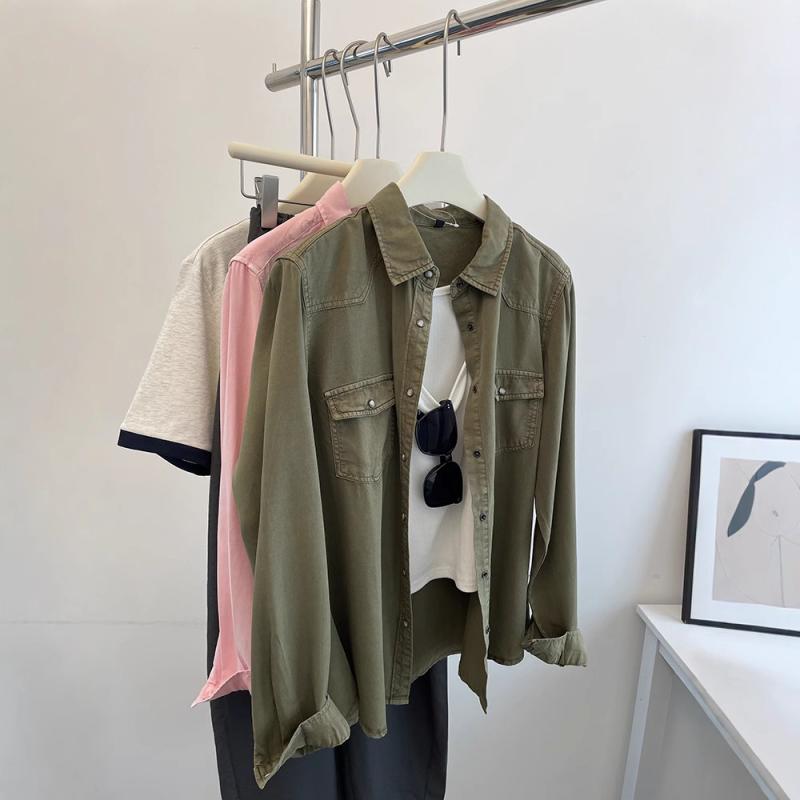 シャツ 女性用 春夏 秋冬 復古 ウォッシュ加工 加工済み 天絲 コットン 長袖 トップス かっこいい 休日用 ゆったり オープンカーディガン 軽量 コットン混 コットン素材 吸湿速乾 切り替え デザイン ブラック グレー ベージュ