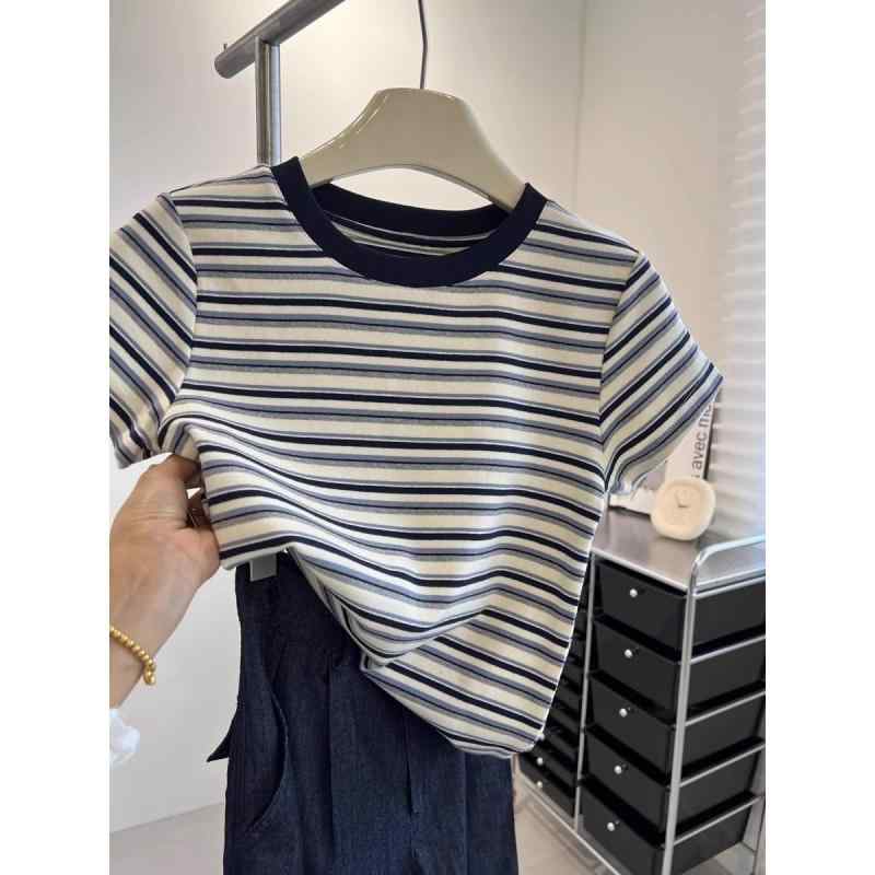 レディース トップス 丸首 切り替え ストライプ 肩出し 半袖 Tシャツ 女性 夏 スリム ファッション 百搭 スタイリッシュ カジュアル 軽量 吸湿速乾 通勤 普段使い ブラック ピンク系 アイボリー ビッグシルエット Vネック 伸縮性