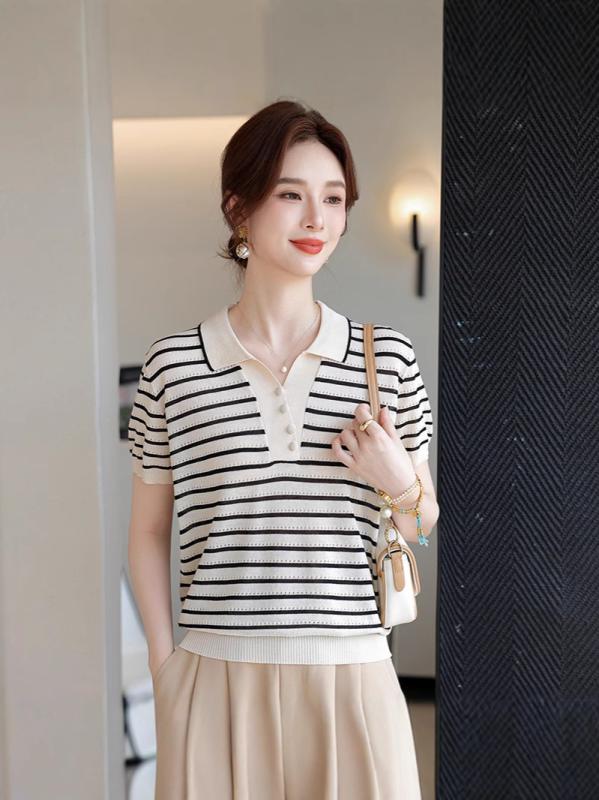 ママズ 夏服 レディース トップス 接触冷感 短袖 Tシャツ 薄手 ストライプ スタンドカラー 中高年向け 軽量 吸湿速乾 通勤 普段使い コットン ブラック ホワイト ピンク系 ビッグシルエット