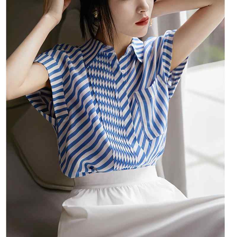 半袖 シャツ レディース 春夏 薄手 デザイン センス ファッション 洋気 ブルー ホワイト ストライプ トップス 切り替え 綿 軽量 吸湿速乾 通勤 普段使い ビッグシルエット Vネック カジュアル