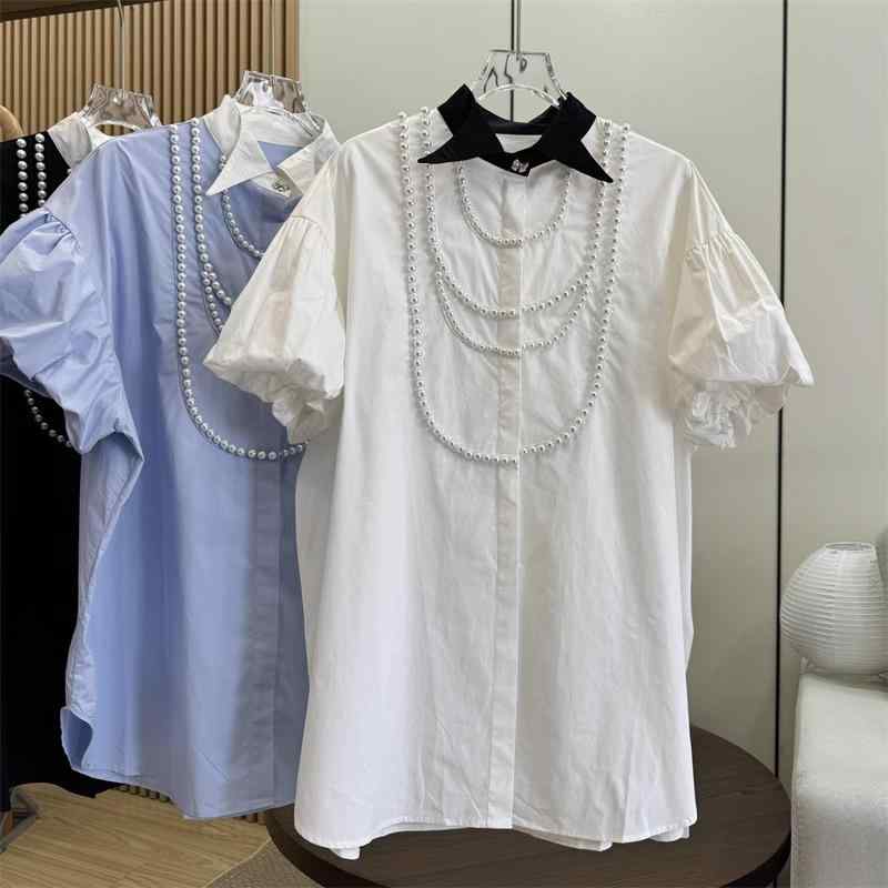 シャツ 女性用 デザイン性 パール ネックレス フリル袖 泡泡袖 フレアスリーブ ゆったり ルーズフィット リラックススタイル トップス ブラウス 綿混 軽量 通勤 普段使い