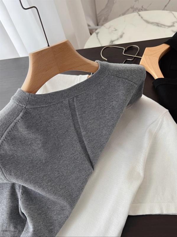 トップス 女性用 知的 カジュアル シンプル 無地 中央縫い込み 丸首 純綿 半袖 ニット シャツ Tシャツ 伸縮性 吸湿速乾 軽量 通勤 普段使い 春夏 秋 ブラック グレー ベージュ