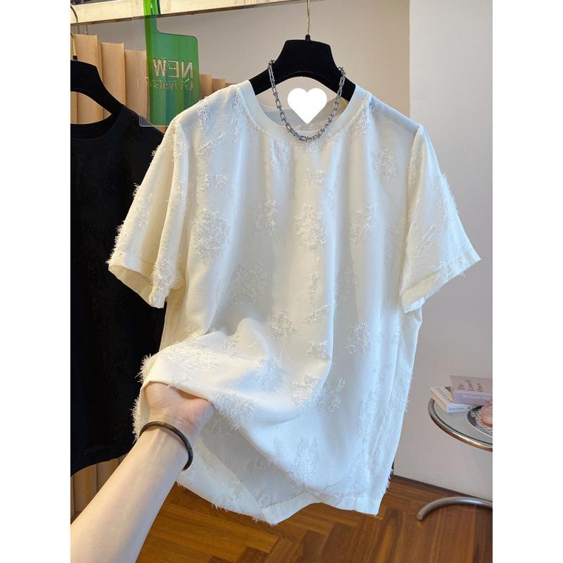 夏 女性用 ゆったり トップス シャツ 短袖 薄手 雪? 接触冷感 切り替え ブラウス かわいい 軽量 通気性 吸湿速乾 春夏 普段使い ロング丈 フレア 袖 シフォン 素材 アイボリー ピンク系 カジュアル スタイル