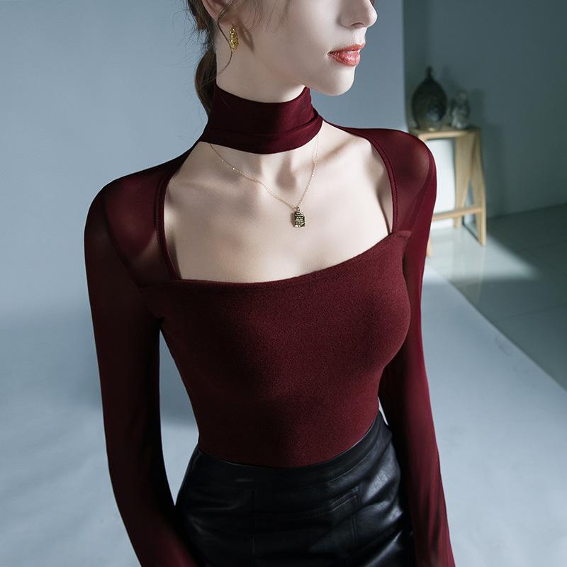 トップス 女性用 秋冬 ロングスリーブ ニットセーター レース 切り替え フィット デザイン 鎖骨見せ 暖か素材 伸縮性 セクシー スタイリッシュ ブラック グレー 普段使い 通勤 軽量 吸湿速乾