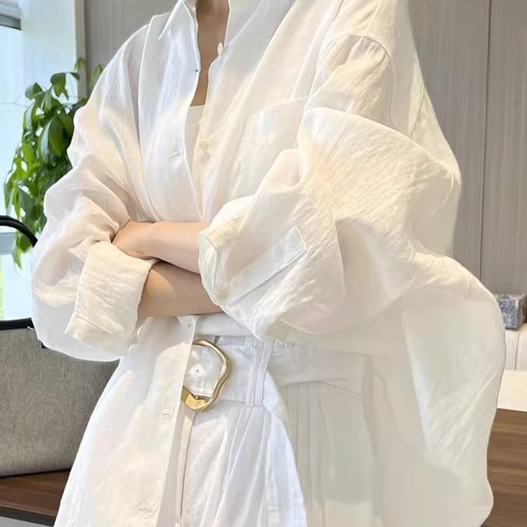 長袖 シャツ レディース 綿麻 接触冷感 春夏 秋冬 通勤用 普段使い 防晒 軽量 伸縮性 吸湿速乾 ゆったり シルエット シンプル ブラック ホワイト グレー ベージュ カジュアル トップス 快適 スリム