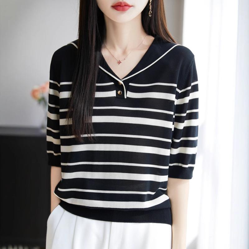 Tシャツ 女性用 春夏 薄手 ゆったり 正肩 セーター ネイビー 襟付き 気質 トップス 接触冷感 綿混 吸湿速乾 軽量 普段使い カジュアル ビッグシルエット Vネック