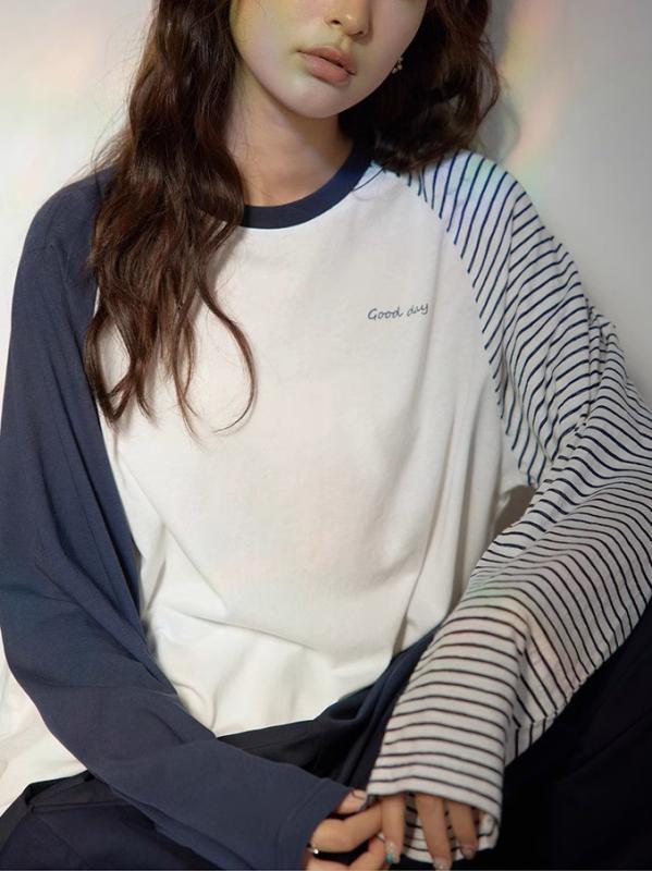 Tシャツ 女性用 秋 長袖 ブルー ホワイト ストライプ 切り替え ゆったり 刺繍 ロゴ トップス コットン 素材 吸湿速乾 軽量 カジュアル 普段使い 秋冬 ビッグシルエット
