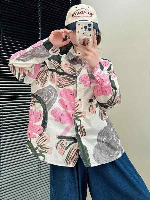 春夏 レディース 韓国 プリント 襟付き シングルブレスト ゆったり 綿 長袖 シャツ トップス ブラウス 花柄 デザイン 軽量 通勤 普段使い 柔らかい 肌触り