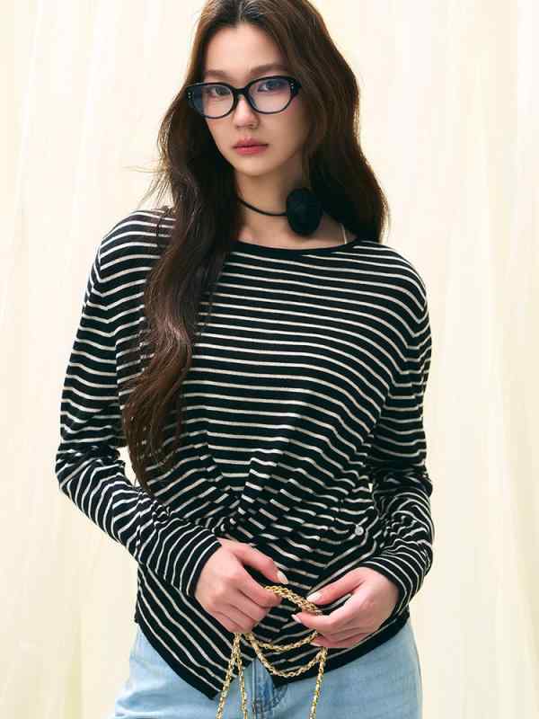 ニット トップス 女性用 春夏 韓国 ゆったり 黒白 切り替え ウエストシェイプ 軽量 伸縮性 再生繊維 混紡 コットン 混じり 普段使い インナー レイヤード カジュアル スタイル ハイネック ロング丈 ビッグシルエット ソフトタッチ 吸湿速乾 通勤|リバーパディ