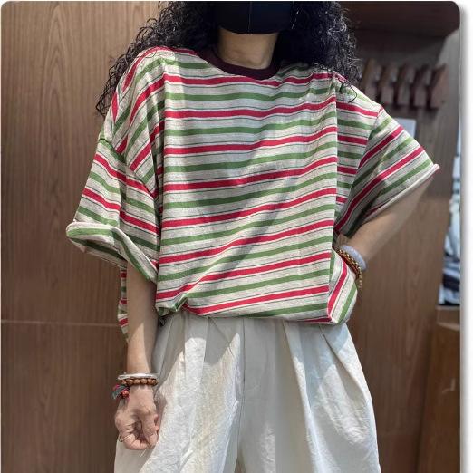 Tシャツ 女性用 春夏 ストライプ 質感 シンプル 短袖 百搭 伸縮性 親肌 柔軟 ラウンドネック トップス 潮 カジュアル 吸湿速乾 コットン 混紡 ライトウェイト 日常使い 通勤 レイヤード