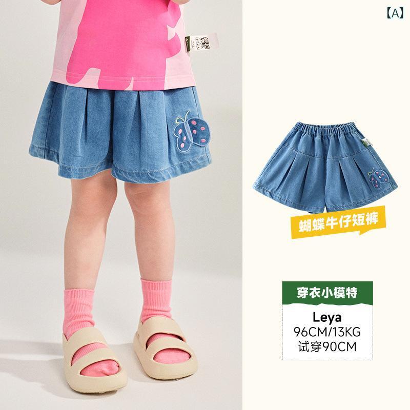 女児 ショートパンツ 女の子 デニム 膝上丈 かわいい 百褶 フレア 夏服 春夏 軽量 伸縮性 吸湿速乾 通学 普段使い 遊び着 再生繊維 ブルー系