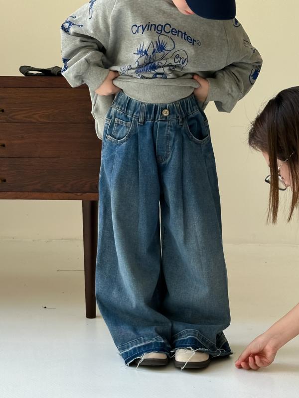 女児 ベビー 春夏 韓国 純色 デニム ワイドパンツ 子供 休? ゆったり ストレートパンツ コットン 素材 伸縮性 軽量 普段使い 通学 かわいい シルエット 膝下丈 ブルー系