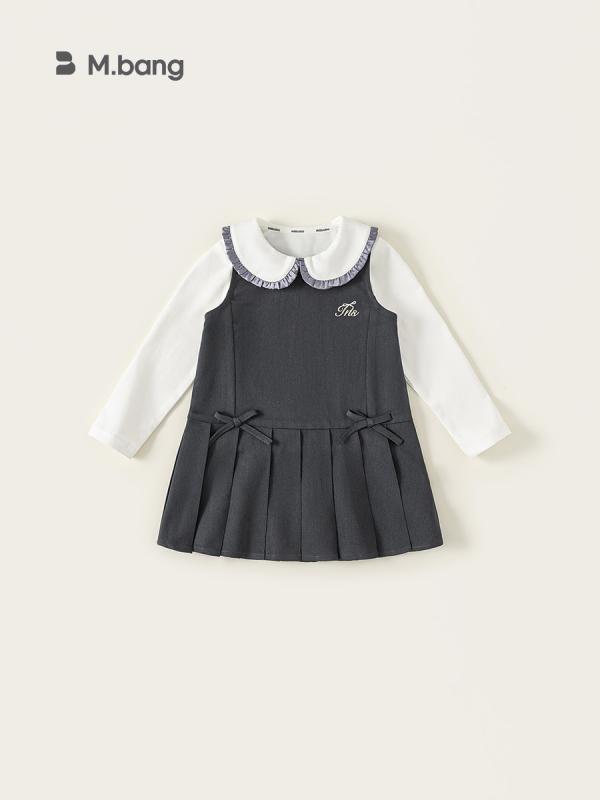 女児 秋 長袖 ワンピース ドールカラー 学院 背中開き 背心 セット かわいい デザイン コットン混 素材 軽量 通学 普段使い ピンク系 アイボリー カジュアル スタイル 伸縮性