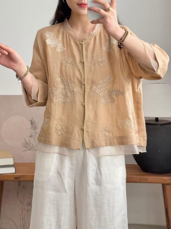 森ガール 刺繍 シャツ トップス 女性用 春夏 半袖 小さめVネック 純色 切り替え 網? 縁取り コントラストカラー 軽量 綿素材 カジュアル 普段使い フェミニン スタイル