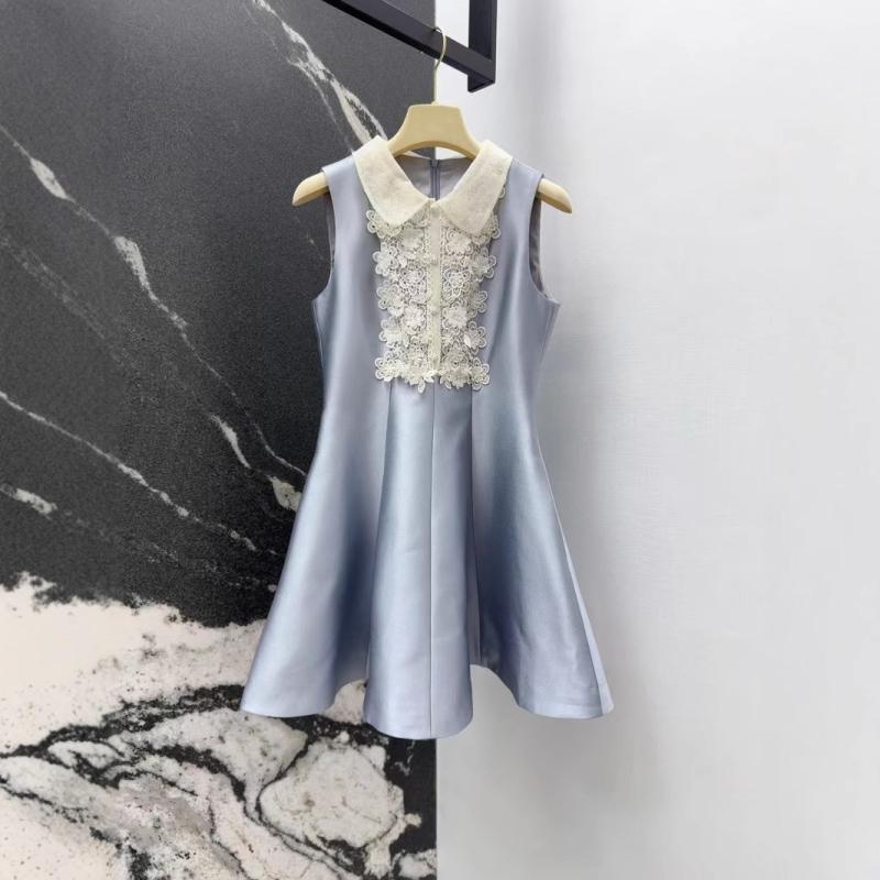 ワンピース レディース 春夏 無袖 切り替え 刺繍 レース 襟 気質 スリム フィット 珍珠 ボタン 短め スカート 軽量 伸縮性 吸湿速乾 通勤用 普段使い 女性用 ドレス トップス かわいい デザイン コットン 混 再生繊維 ピンク系 アイボリー カ