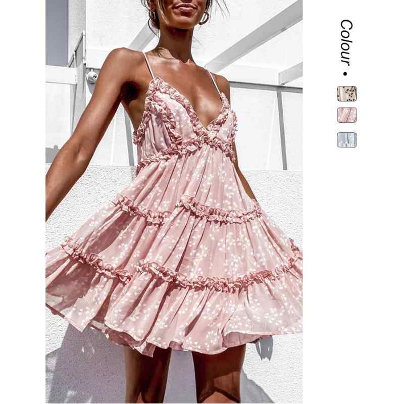 ワンピース レディース 春夏 吊り帯 花柄プリント 花辺 甘め 爽やか 軽量 綿混 膝丈 フレアシルエット ピンク系 アイボリー 普段使い 通勤