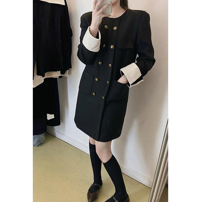 コート 女性用 秋冬 粗花ね ダブルブレスト ワンピース 切り替え ファッション 百搭 ラウンドネック 長袖 スカート 暖か 軽量 ウール混 スタイリッシュ 普段使い 通勤 カジュアル