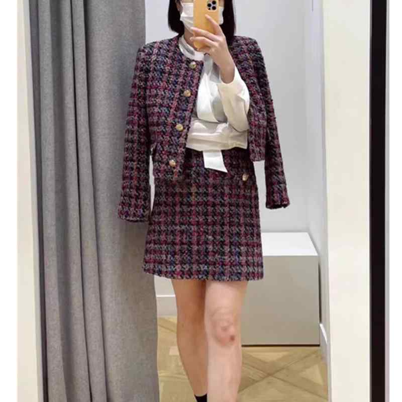秋冬 ジャケット スカート セット レディース フレンチスタイル 花柄 ツイード 修身 丸首 ショート丈 ハイウエスト 半丈 軽量 暖か 通勤用 普段使い ブラック ピンク系 アイボリー カジュアル