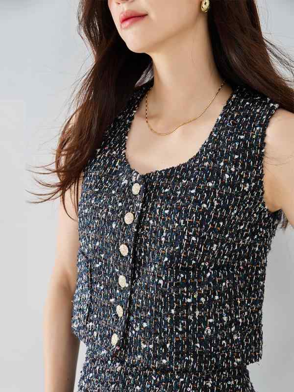 春夏 レディース セットアップ ジャケット 半袖 馬甲 スカート ミモレ丈 粗花・希 ウール調 素材 軽量 高級感 気質 香水 スタイル 切り替え デザイン ビッグシルエット 伸縮性 普段使い 通勤 コーディネート