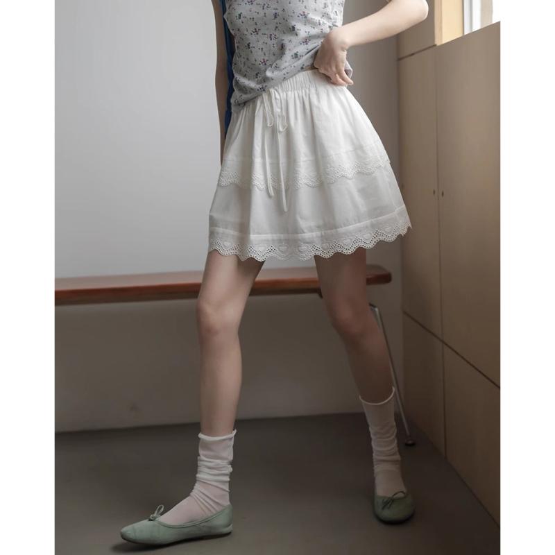 スカート 女性用 春夏 白色 レース 花柄 半身 ハイウエスト スリム Aライン 膝丈 ミニ ミニ丈 小柄対応 軽量 コットン混 フレア かわいい フェミニン 普段使い 通勤 デート