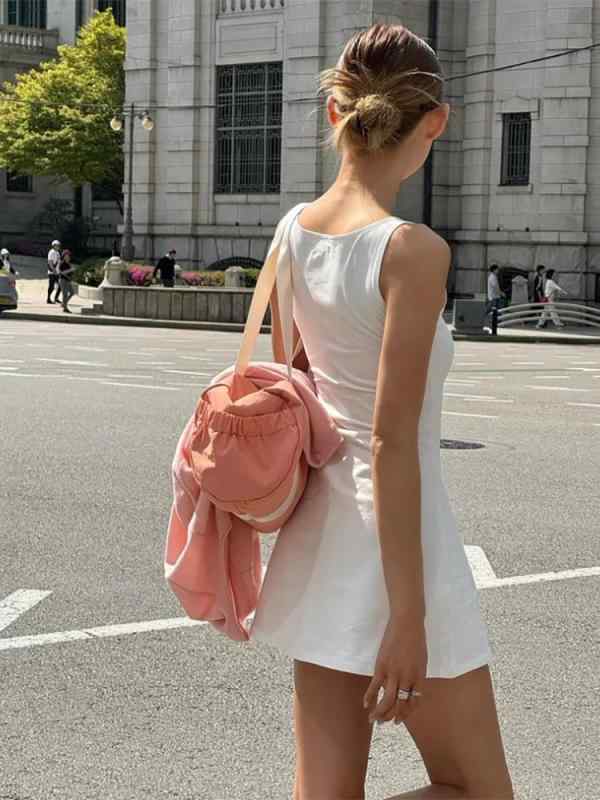 ワンピース レディース 春夏 無袖 修身 スリムフィット 純色 Aライン スカート 高級感 接触冷感 軽量 伸縮性 コットン混 膝丈 フレンチスタイル 普段使い 通勤用 ブラック ピンク系 アイボリー