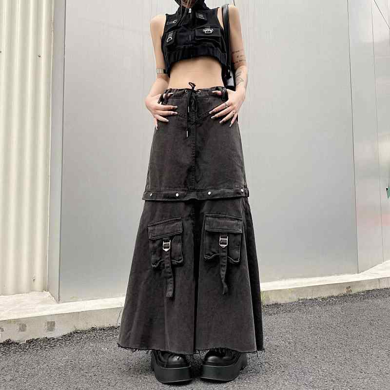 スカート レディース ビンテージ アメリカンスタイル 取り外し可能 デニム 膝丈 ハーフスカート 女性用 ドロップ感 個性的 Aライン ワーク フリル 秋 コットン ミックス 軽量 伸縮性 普段使い カジュアル ブラウン系 ベージュ