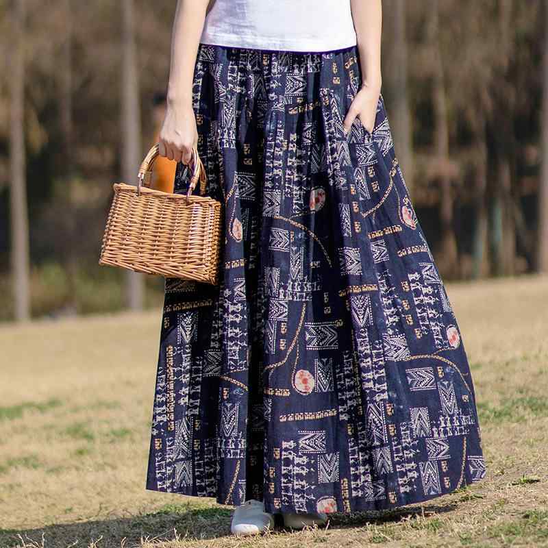 スカート 女性用 秋冬 綿麻素材 松腰 ゆったり ロング丈 フレアスカート 花柄プリント 切り替えデザイン 軽量 通勤 普段使い 秋 ブラウン系 アイボリー 再生繊維 吸湿速乾 ビッグシルエット ハイウエスト