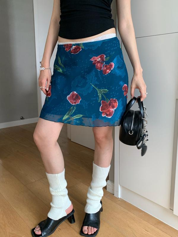 スカート 女性用 春夏 復古 チャイナスタイル レース ローズプリント ハイウエスト 包み込み Aライン ミディ丈 軽量 コットン混 フレアシルエット 通勤 デイリー ブラック ピンク系 アイボリー