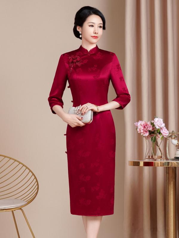 チャイナドレス 女性用 高級感 中華 スリム ロング丈 敬酒服 喜婆婆 喜?? 礼服 切り替え デザイン フォーマル 普段使い 再生繊維 素材 伸縮性 ブラック ピンク系 アイボリー 秋冬｜リバーパディ 15,604円