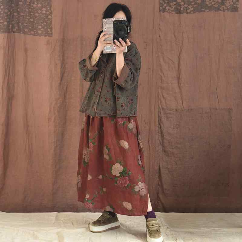 スカート 女性用 春夏 秋冬 麻 フラワープリント サイドスリット ミディ丈 フレア 復古 国 エスニック 軽量 通勤 普段使い 伸縮性 吸湿速乾 ブラウン系 ピンク系 アイボリー ベージュ コットン混 再生繊維 ハイウエスト カジュアル フェミニン