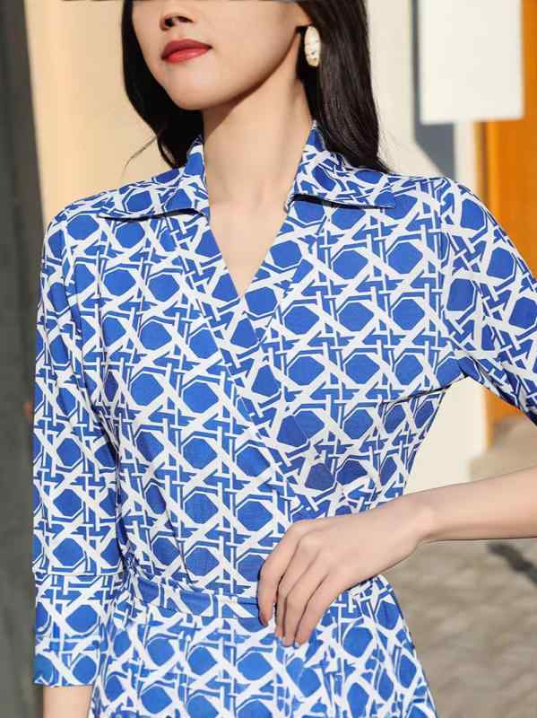ワンピース 女性用 夏季 宝藍色 チェック柄 プリント 七分袖 フリルカラー ウエスト切り替え ベルト タイトスカート 包みスカート 吸湿速乾 軽量 伸縮性 膝丈 膝上丈 普段使い 通勤 通学 コットン混 再生繊維 ハイウエスト スリムシルエット 膝丈ス