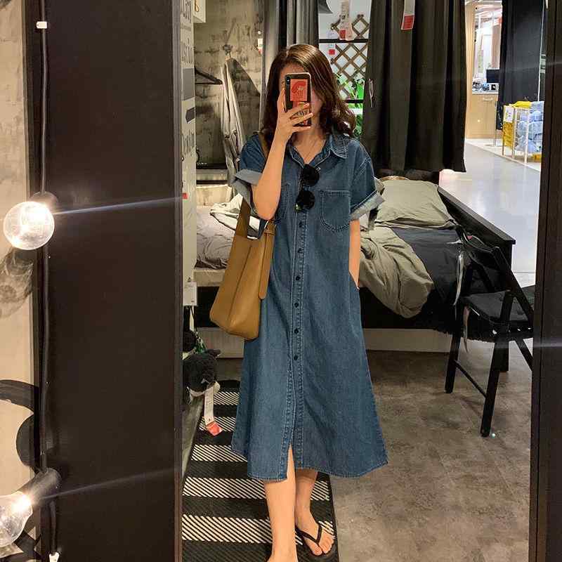 ワンピース 女性用 夏 牛仔 デニム 復古 短袖 中長丈 ウエストイン 体型カバー 気質 シャツ ロングスカート 軽量 伸縮性 通勤 普段使い カジュアル スタイル ブルー アイボリー