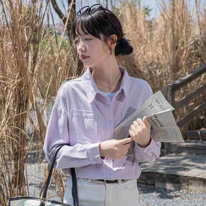 シャツ レディース 長袖 トップス 女性用 コットン デニム 紫 かわいい 韓国 中長丈 薄手 軽量 伸縮性 吸湿速乾 カジュアル 普段使い 春夏 秋 ソフト ジャケット レイヤード コーディネート