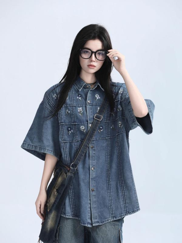 Tシャツ 女性用 牛仔 短袖 刺繍 花柄 2025夏 春夏 新作 ゆったり アメリカンスタイル 重工 シャツ トップス 軽量 コットン 混紡 吸湿速乾 通勤 普段使い カジュアル デイリー ブラック ブルー アイボリー ビッグシルエット Vネック 切り替