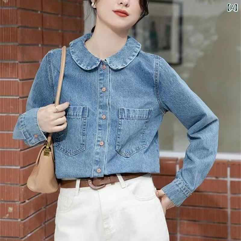 シャツ レディース ブルー 復古 デニム トップス 女性用 ファッション 外出着 スタイリッシュ 国 上衣 潮 綿素材 軽量 伸縮性 ボタン留め Vネック カジュアルスタイル 普段使い 通勤対応 春夏 秋冬