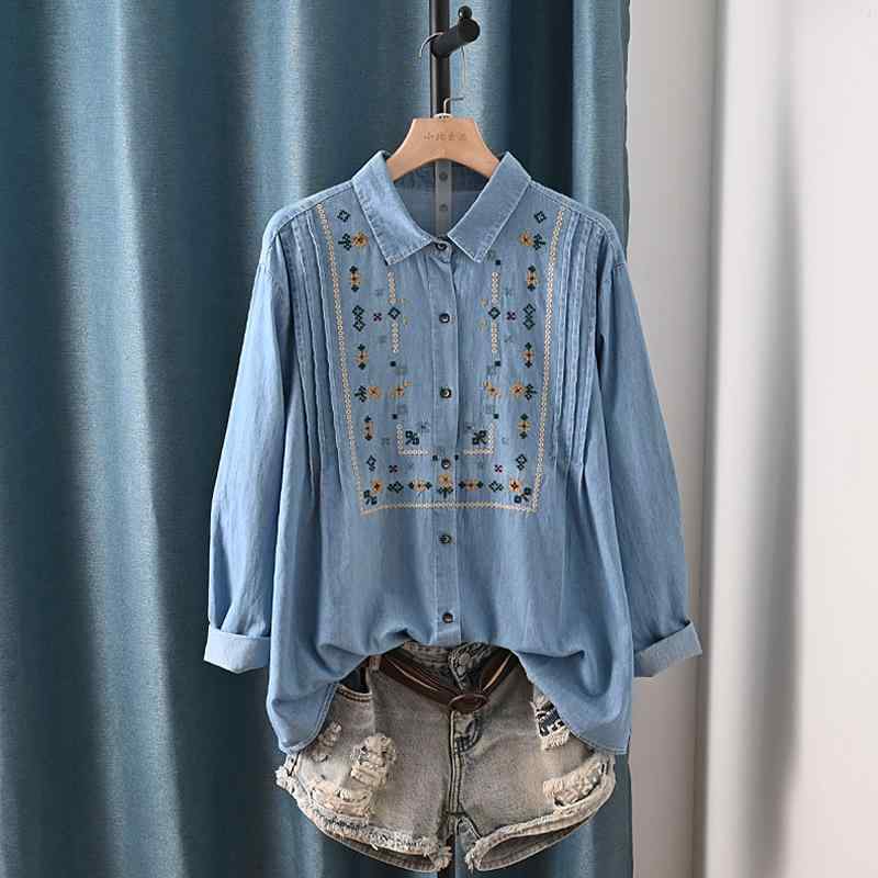 春夏 コットン シャツ レディース 森ガール スタイル 復古 デザイン フラップカラー ワッシャー加工 刺繍 柄 長袖 トップス デニム 素材 切り替え ディテール 軽量 通勤用 普段使い ビッグシルエット ブラウン系 グリーン系 ナチュラル かわいい