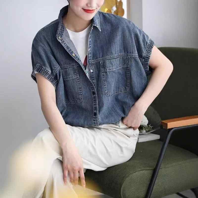 Tシャツ レディース 春夏 牛仔 コットン 半袖 シャツ 女性用 ターン ダウン カラー トップス カジュアル 普段使い ゆったり シルエット スリム フィット 白 蝙蝠袖 切り替え デザイン 吸湿速乾 軽量 ビッグ シルエット デニム 混 再生繊維 ブ