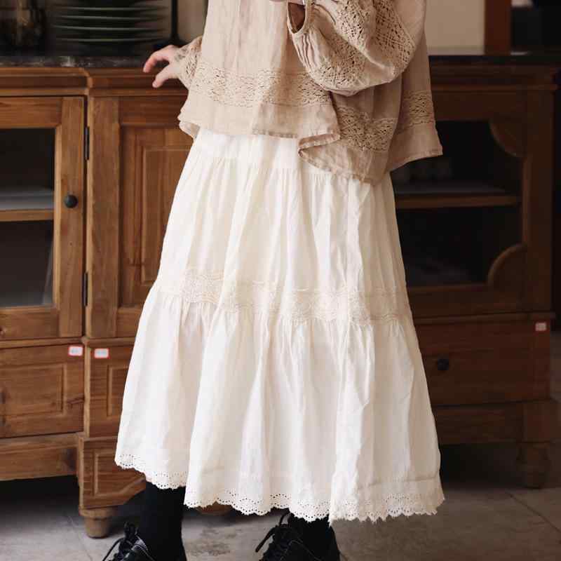 スカート 森ガール 別注 クロシェ刺繍 レース コットン ゆったり ゴムウエスト Aライン ミディ丈 フレア 女性用 かわいい 軽量 伸縮性 通勤 普段使い 春夏 秋冬