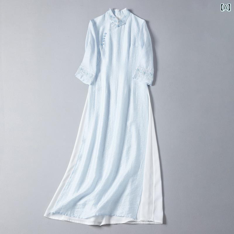 チャイナドレス 女性用 中式 立領 茶服 仙気 ワンピース 天? 提花 スカート 軽量 吸湿速乾 再生繊維 ハイネック ロングドレス フォーマル 普段使い ブラック ピンク系 アイボリー 春夏 秋冬 高級感 ビッグシルエット Vネック 切り替え デザ