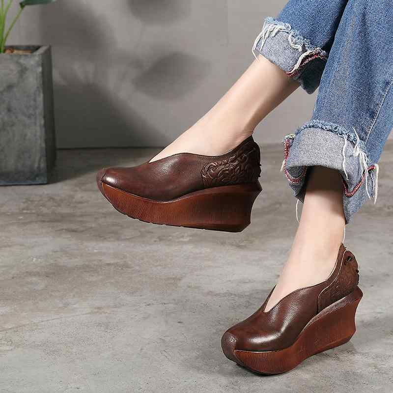 女性用 フラットシューズ 厚底 ローヒール 革 快適 通気性 手作業 復古 真皮 メンズシューズ 厚底 ローヒール 軽量 柔軟 日常使い ブラウン系 春夏|リバーパディ