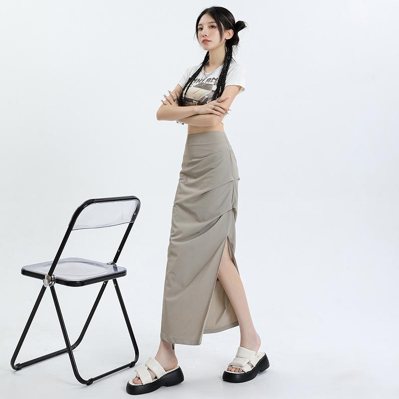 スカート レディース 開き ワーク プリーツ 包み込み 夏 薄手 高腰 スリム フィット ミディ丈 コットン混 軽量 伸縮性 通勤 普段使い カジュアル ブラック グレー ベージュ 春夏 秋