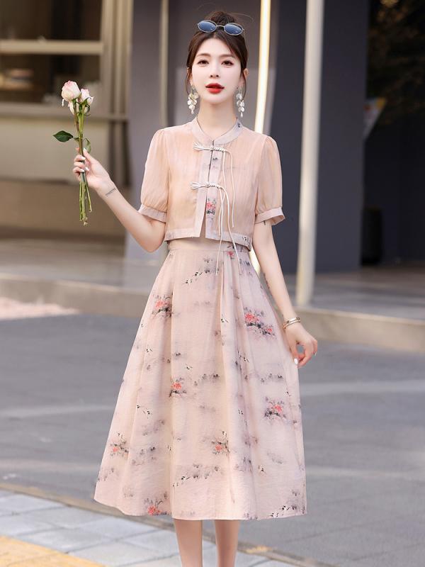 夏 女性用 ファッション プリント 吊り下げ トップス ミニ スカート 2点セット ワンピース コットン 素材 軽量 伸縮性 吸湿速乾 ハイネック フレア シルエット ブラック ピンク系 アイボリー 春夏 普段使い かわいい デザイン
