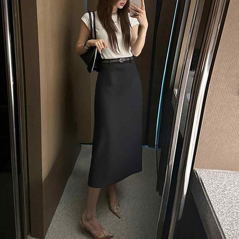 スカート 女性用 春夏 ハイウエスト ストレート ペンシル 膝下丈 ビジネス スーツ ロング スカート タイト フィット スリム 効果 小柄 対応 仕事 通勤 普段使い 綿混 素材 伸縮性 軽量 ブラック グレー ベージュ アイボリー ピンク系 ミッドナ